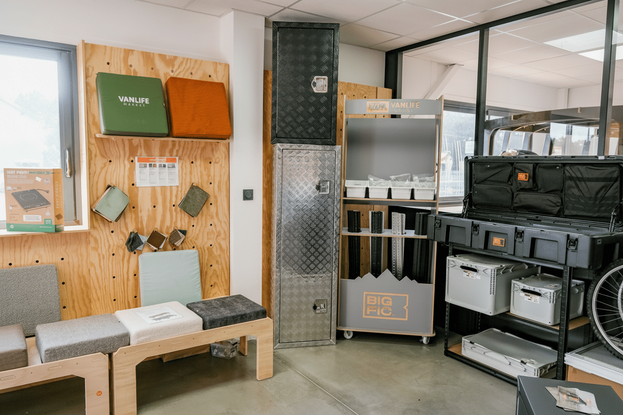 Barres de toit et accessoires de portage exposés au showroom Vanlife Market