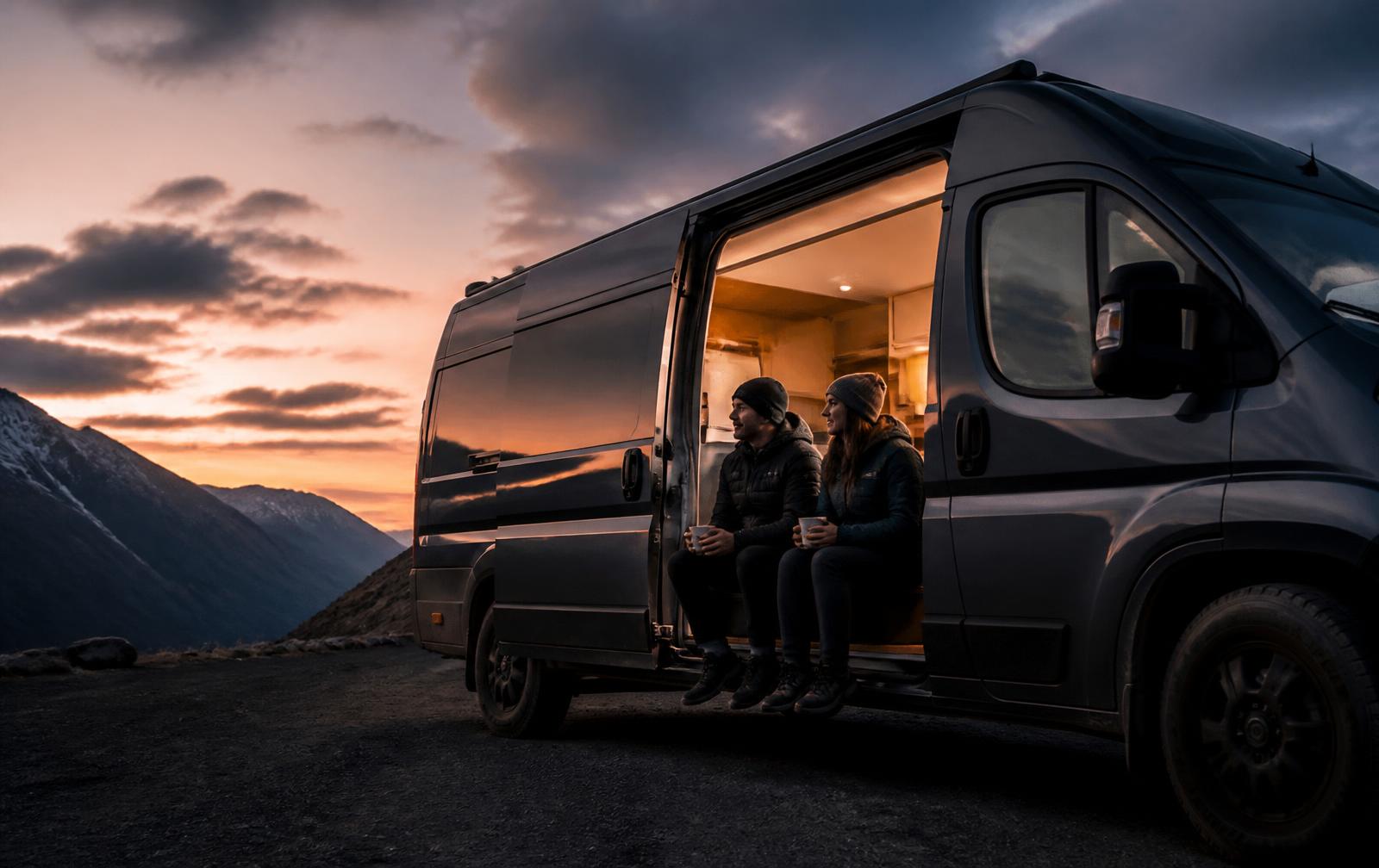 Van ouvert au crépuscule dans un col de montagne, lumière chaude à l'intérieur