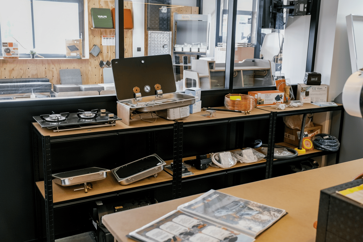 Meubles de cuisine, éviers et rangements exposés au showroom Vanlife Market