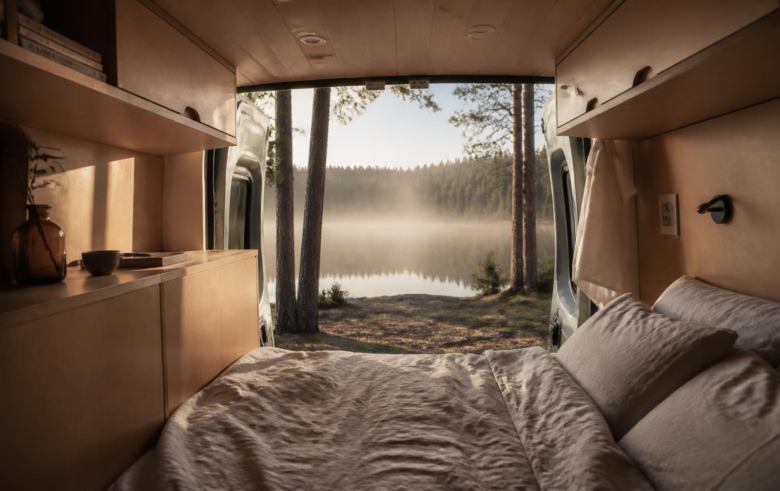 Vue depuis l'intérieur d'un van aménagé sur un lac au petit matin