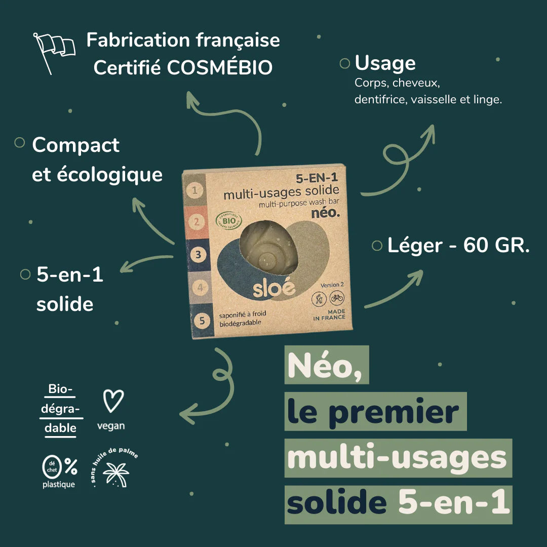 Savon multi-usages solide 5-en-1 – Néo – 60g – Sloé